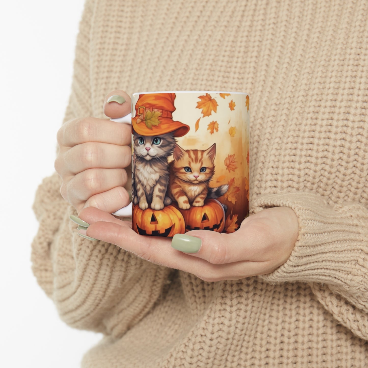 Kitty Cat Kittens Halloween - Lindos Furries en Calabaza - Decoración felina festiva - Taza de cerámica 11oz 