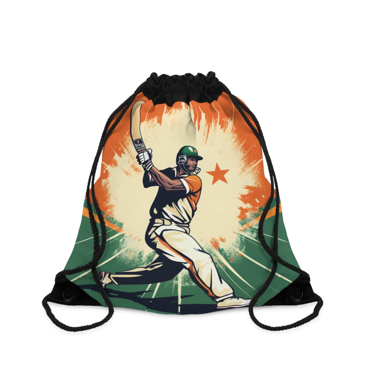 India Cricket Star: Batsman With Willow Bat, National Flag Style - Sport Game - Drawstring Bag