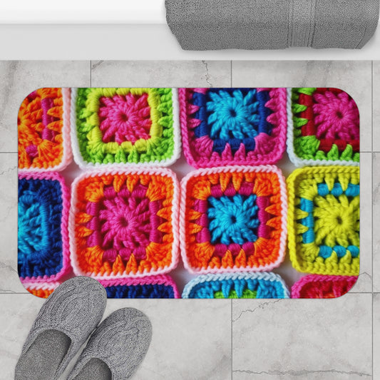Crochet Granny Square, Summer Cotton, Patchwork, Retro Floral Design, Crochet Cotton - Bath Mat
