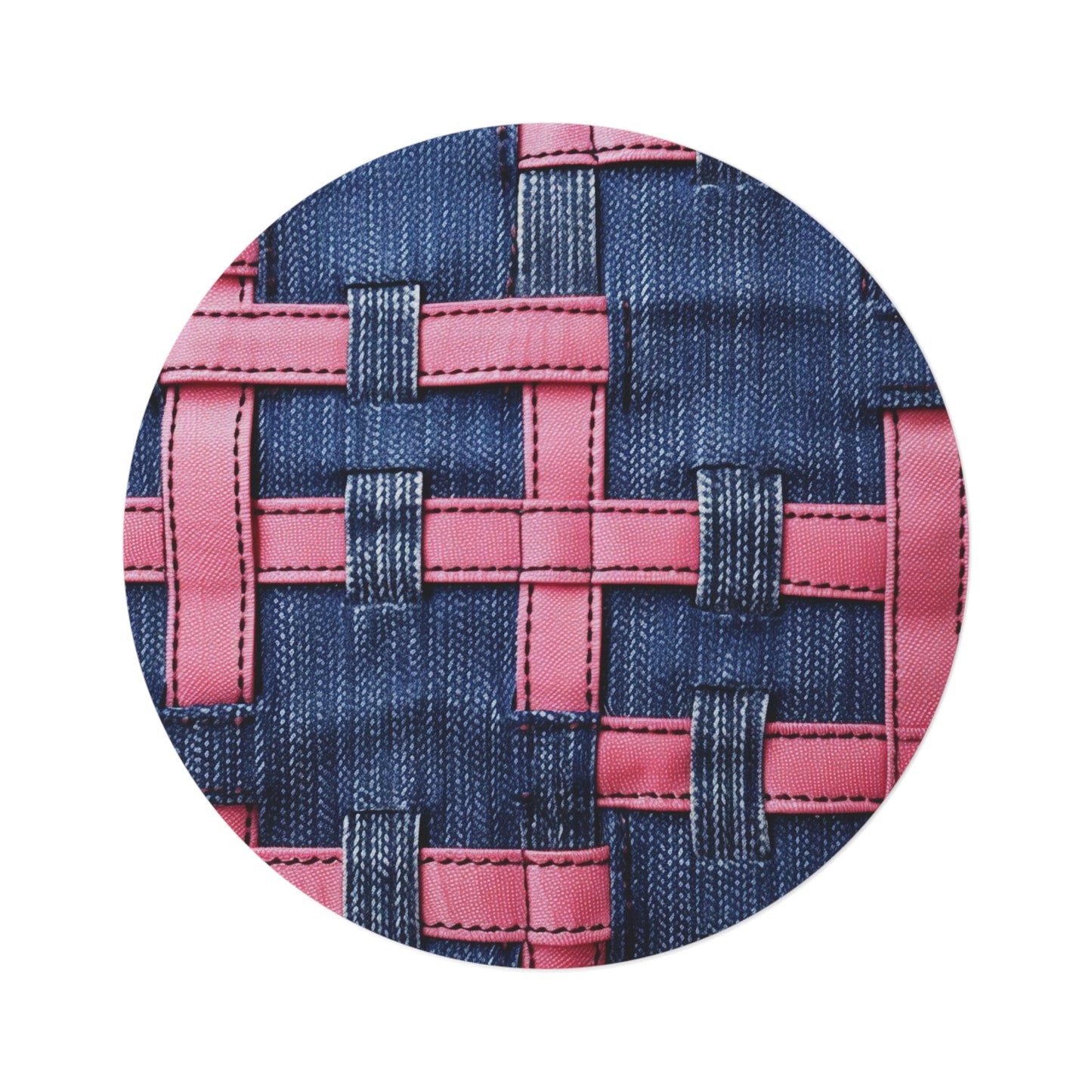 Candy-Striped Crossover: Pink Denim Ribbons Dancing on Blue Stage - Round Rug