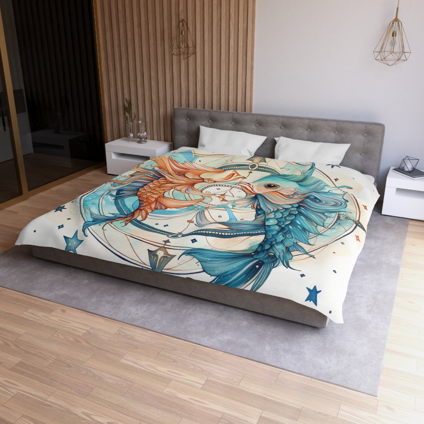 Pisces Zodiac Horoscope - Starry Watercolor & Ink, Hyper-Detailed Fish Microfiber Duvet Cover