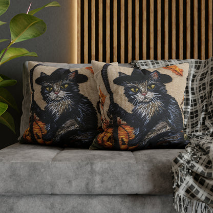 Halloween Cat Magic: Embroidered Style Feline with Pumpkins & Witch Hat - Spun Polyester Square Pillow Case