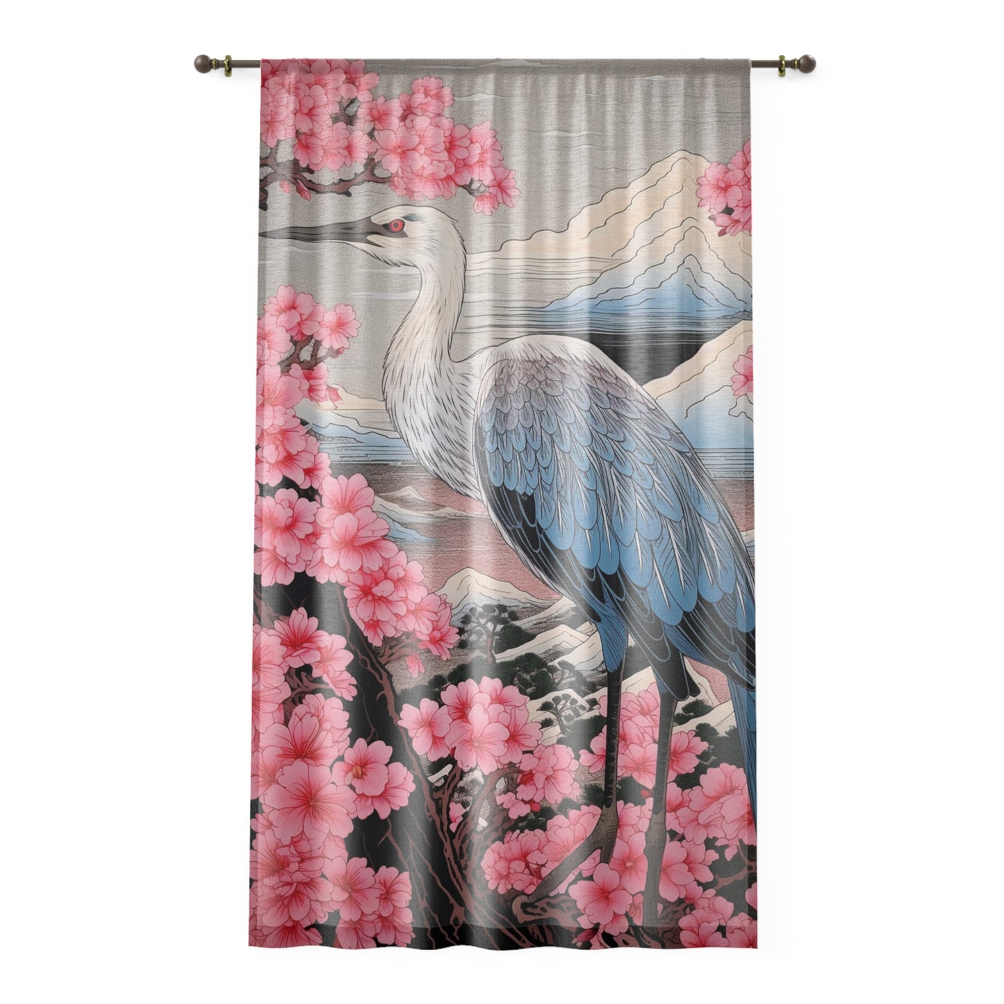 Sakura Blossoms Majestic Crane - Japanese, Birthday Gift for Dad, Traditional Indigo & Mount Fuji - Window Curtain