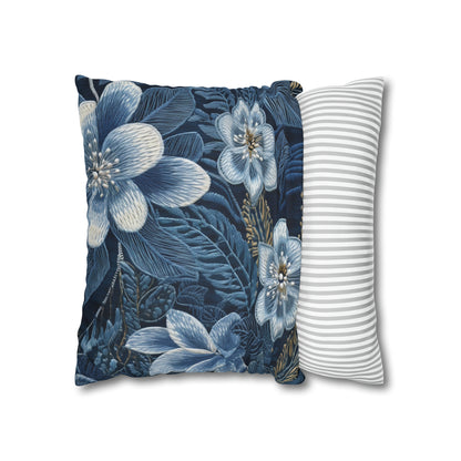 Flower Blossom Embroidery Floral on Denim Style - Spun Polyester Square Pillow Case