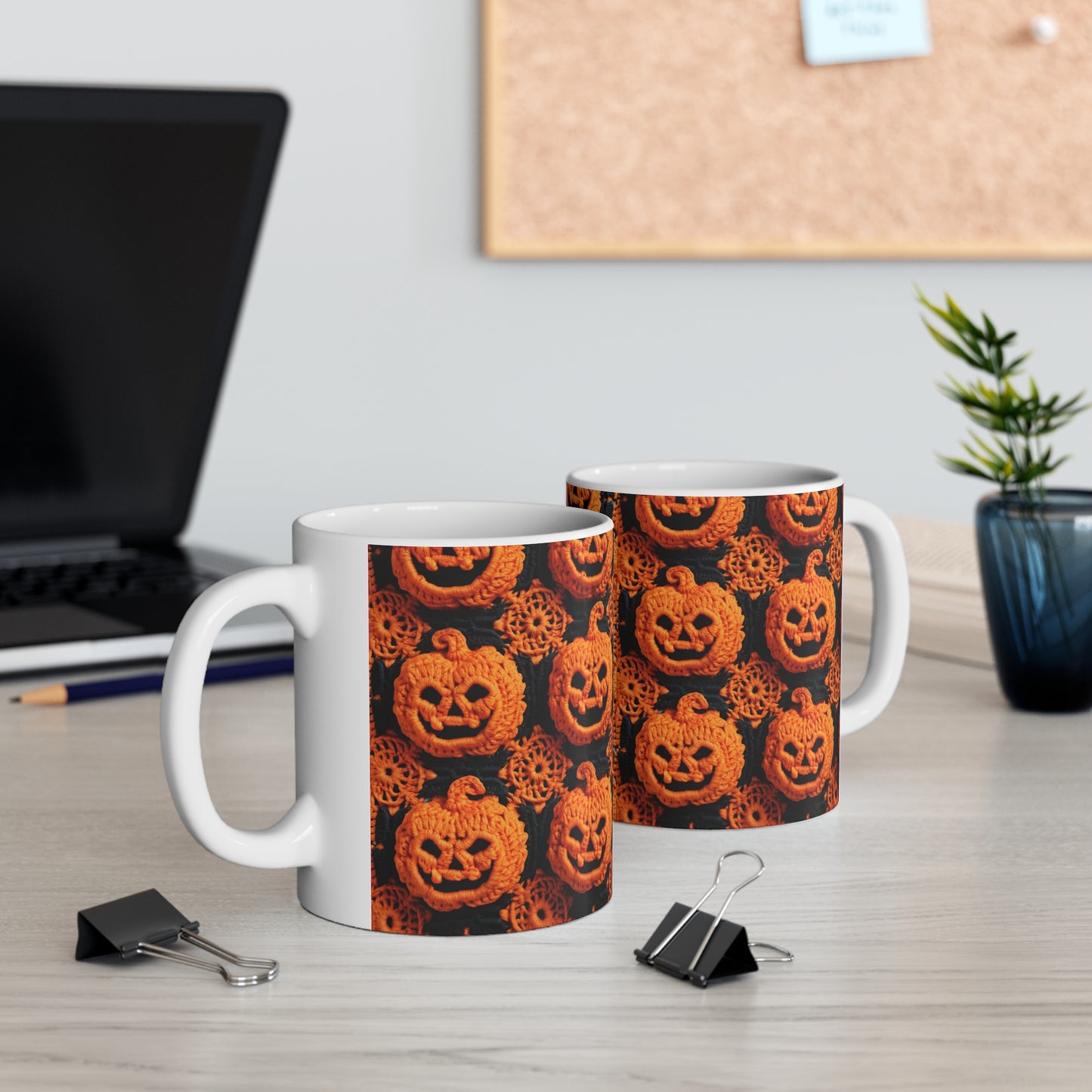 Patrón festivo festivo de terror aterrador de calabaza de ganchillo de Halloween - Taza de cerámica de 11 oz