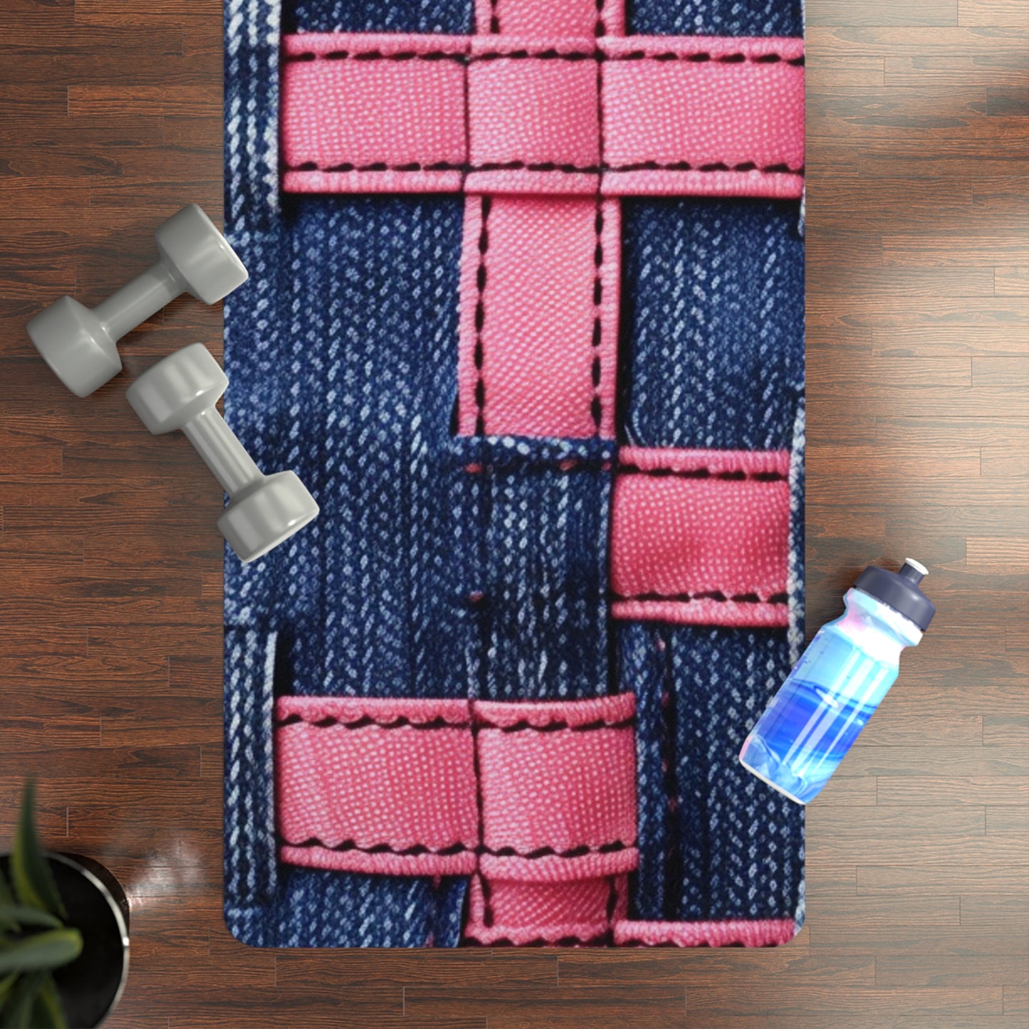 Candy-Striped Crossover: Pink Denim Style Ribbons Blue - Rubber Yoga Mat