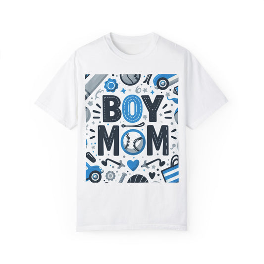 Boymom デザインシャツ、男の子ママ野球ギフト、ユニセックスガーメントダイ T シャツ