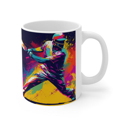 Cricket Pop Art: Bateador, Impacto de pelota, Juego deportivo con soporte de wicket - Taza de cerámica de 11 oz