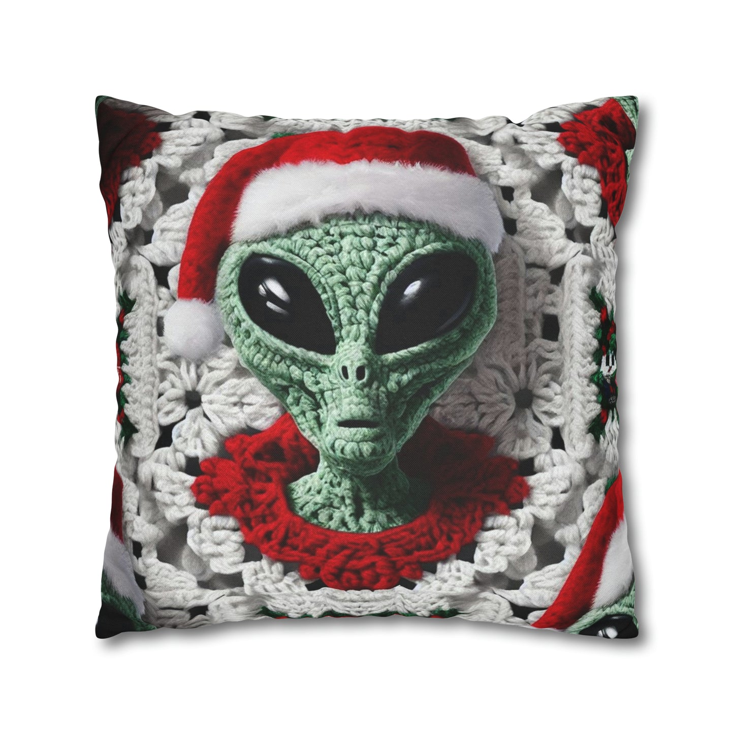 Santa's Cosmic Secret: Jolly Green Christmas Extraterrestrial with Festive Attire Crochet Art - Spun Polyester Square Pillow Case