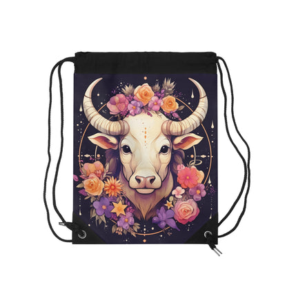 Taurus Zodiac Bull Flower Accents - Astrology Sign - Drawstring Bag