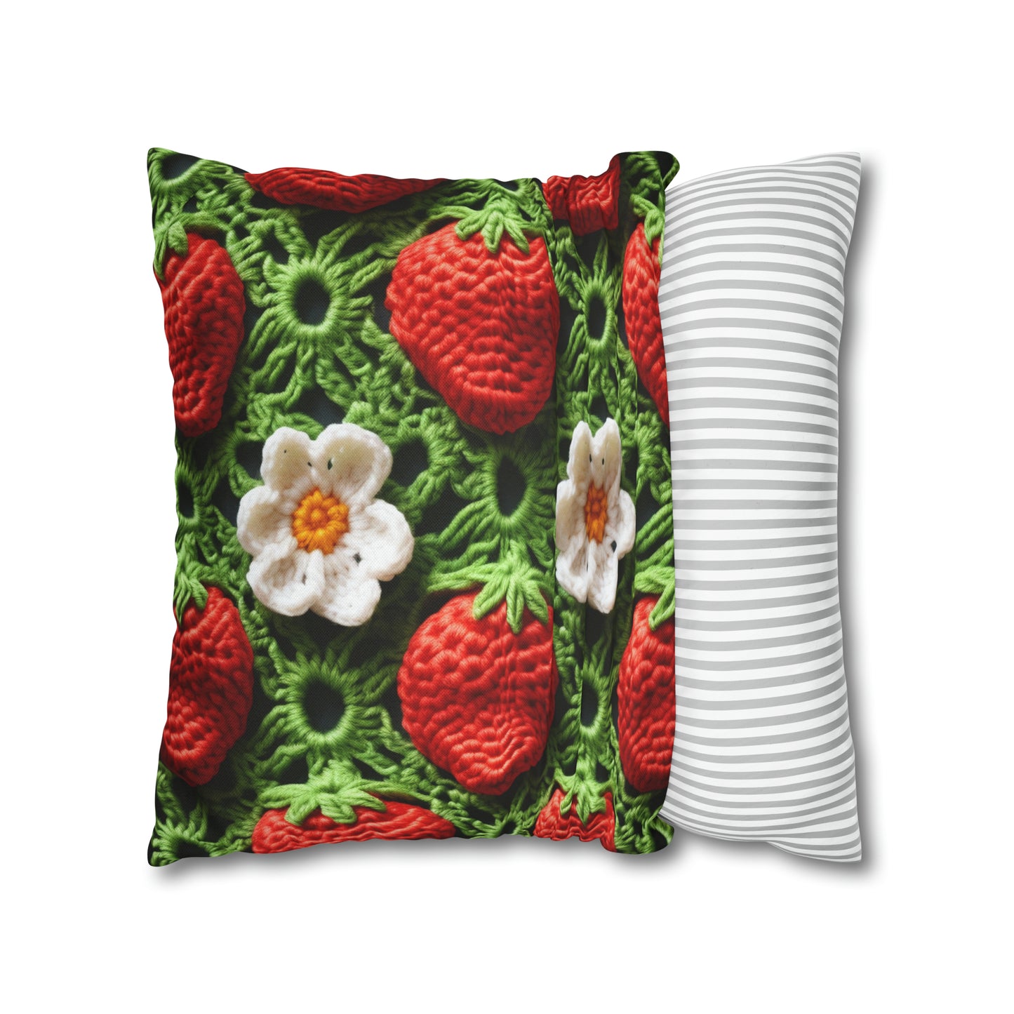 Strawberry Field Crochet - Forever Forest Greens - Fruit Berry Harvest Crop - Spun Polyester Square Pillow Case