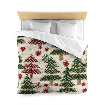 Embroidered Christmas Winter, Festive Holiday Stitching, Classic Seasonal Design - Microfiber Duvet Cover