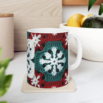 Christmas Snowflake Crochet, Festive Yuletide, Winter Wonderland Craft, Ice Crystal, Holiday Decor, Seasonal Adornments - Ceramic Mug 11oz