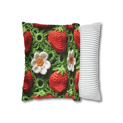 Strawberry Field Crochet - Forever Forest Greens - Fruit Berry Harvest Crop - Spun Polyester Square Pillow Case