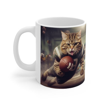 Football Field Felines: Kitty Cats in Sport Tackling Scoring Game Position - Ceramic Mug 11oz