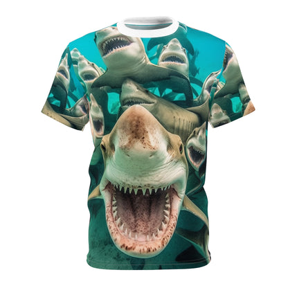 Tiburones limón risueños: Joyful Sea Jaws Ocean Deep - Camiseta unisex de corte y costura (AOP) 