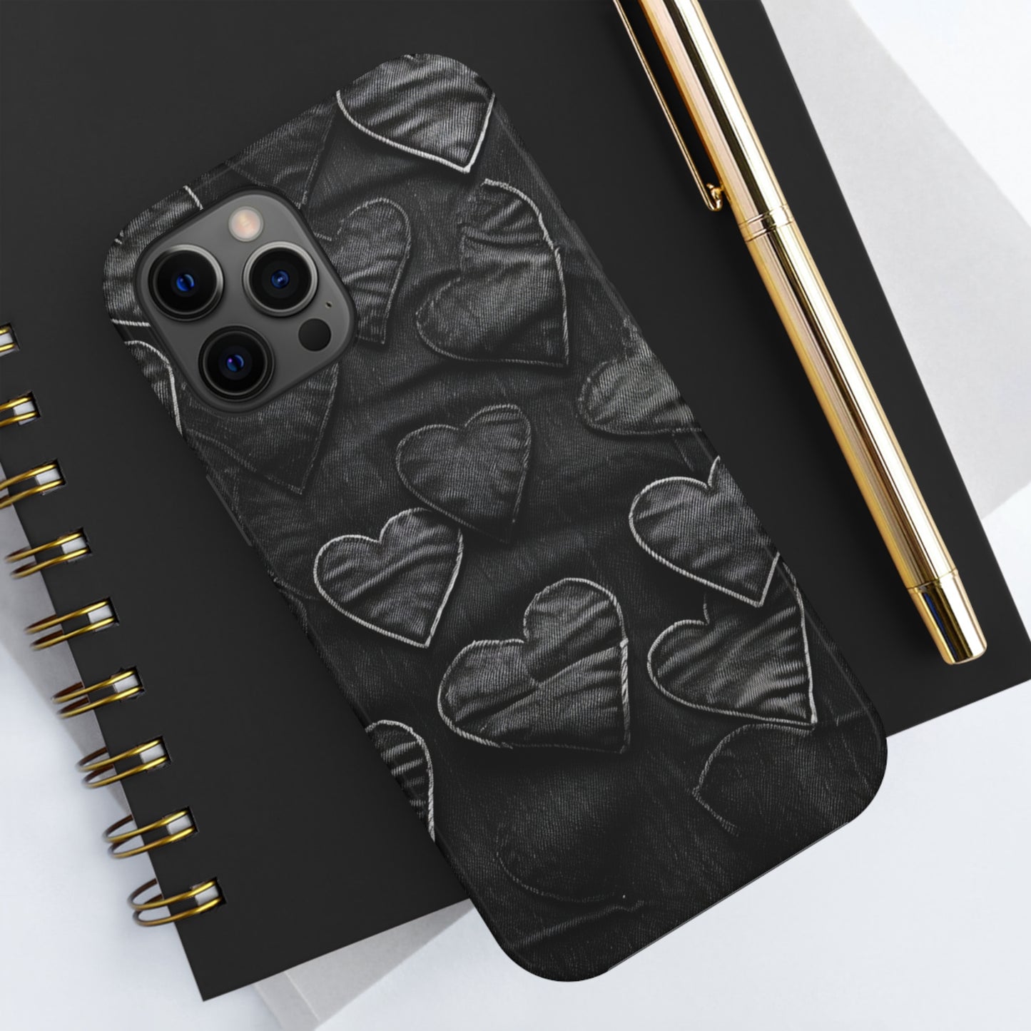 Black: Distressed Denim-Inspired Fabric Heart Embroidery Design - Tough Phone Cases