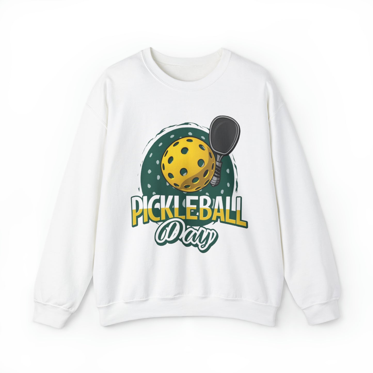 Diseño de celebración del día del Pickleball con una caprichosa ilustración de pelota y paleta - Sudadera unisex con cuello redondo Heavy Blend™