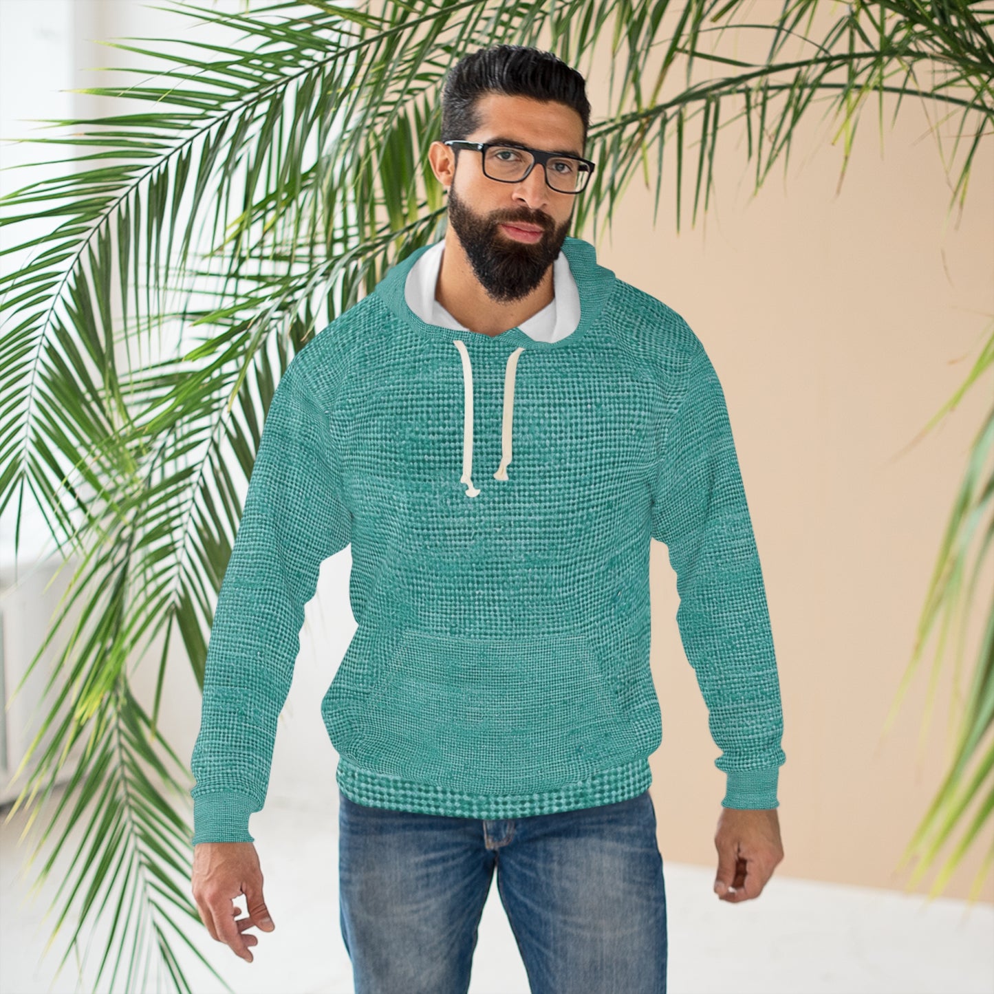 Diseño de tela vaquera color turquesa menta de calidad, material elegante, sudadera con capucha unisex (AOP) 