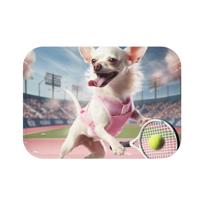 Chihuahua Tennis Ace: traje rosa para perro, juego deportivo atlético en la cancha - Alfombra de baño