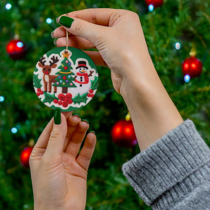 Christmas Snowman & Reindeer Embroidered Patch Design - Ceramic Ornament, 4 Shapes