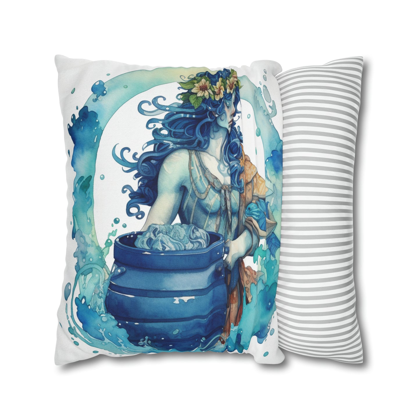 Artistic Aquarius Zodiac - Watercolor Water-Bearer Depiction - Spun Polyester Square Pillow Case