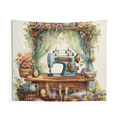 Rustic Sewing Nook Watercolor Illustration, Pastel Vintage Sewing Machine with Floral - Indoor Wall Tapestries