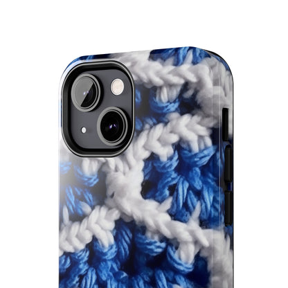 Blueberry Blue Crochet, White Accents, Classic Textured Pattern - Tough Phone Cases