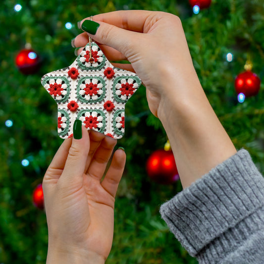 Christmas Granny Square Crochet, Cottagecore Winter Classic, Seasonal Holiday - Ceramic Ornament, 4 Shapes