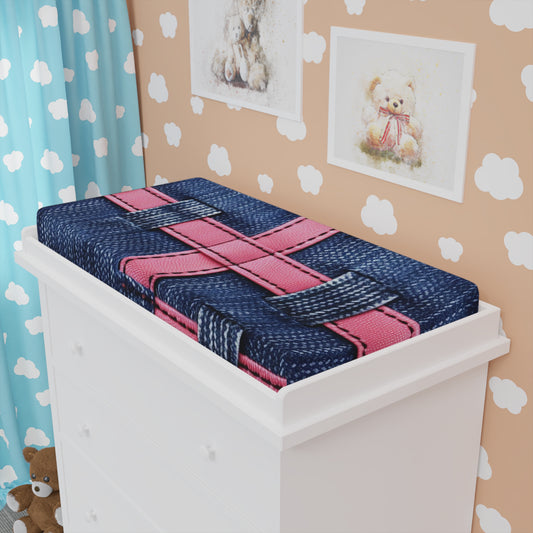 Candy-Striped Crossover: Pink Denim Ribbons Dancing on Blue Stage - Baby Changing Pad Cover