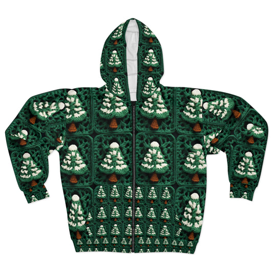 Evergreen Christmas Trees Crochet, Festive Pine Tree Holiday Craft, Yuletide Forest, Winter - Unisex Zip Hoodie (AOP)