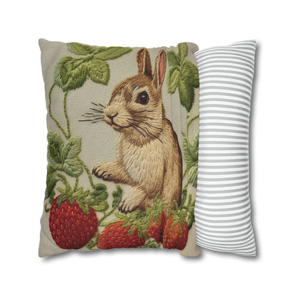 Strawberry Bunny Rabit - Embroidery Style - Strawberries Fruit Munchies - Easter Gift - Spun Polyester Square Pillow Case