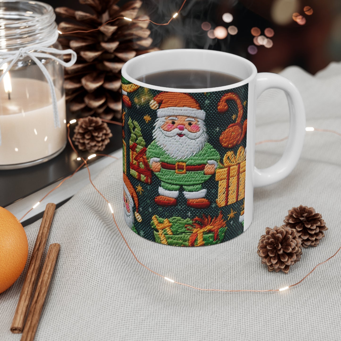 Christmas Santa Claus - Embroidered Presents - Festive Winter Wonderland - Deck the Halls Design - Ceramic Mug 11oz