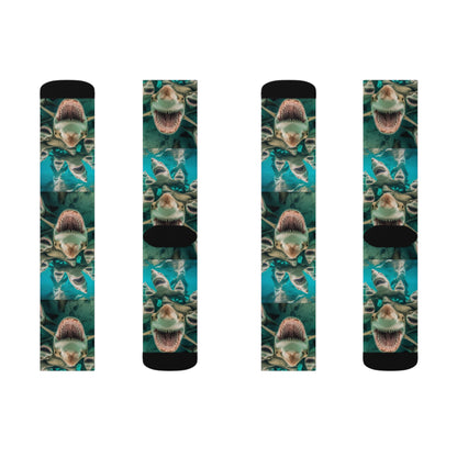 Laughing Lemon Sharks: Joyful Sea Jaws Ocean Deep - Sublimation Socks