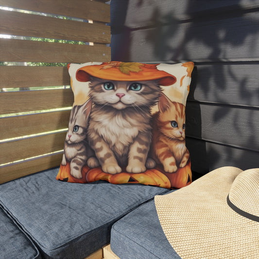 Kitty Cat Kittens Halloween - Cute Furries on Pumpkin - Festive Feline Decor - Outdoor Pillows