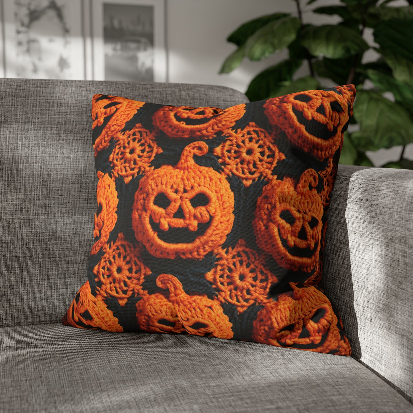 Halloween Crochet Pumpkin Scary Horror Festive Holiday Pattern - Spun Polyester Square Pillow Case