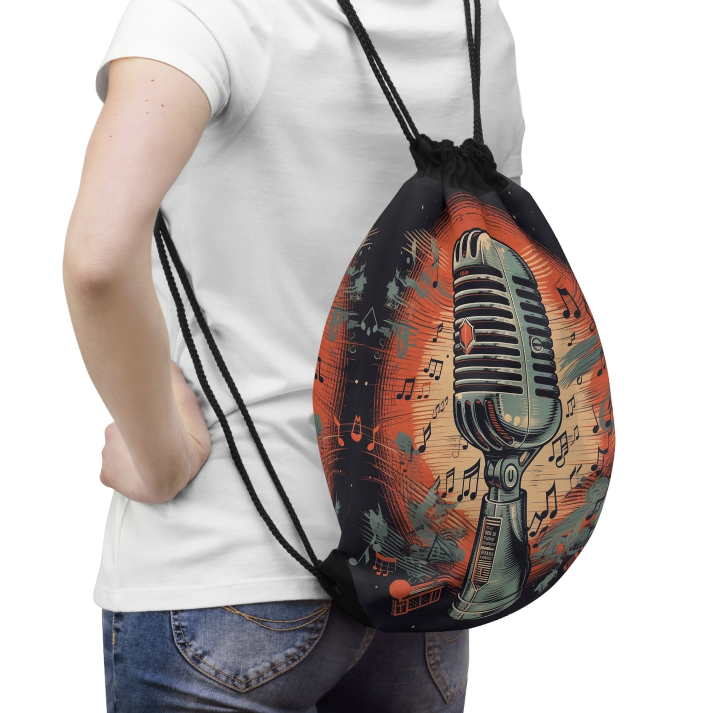 Retro Microphone & Music Notes - Vintage Style Design - Drawstring Bag