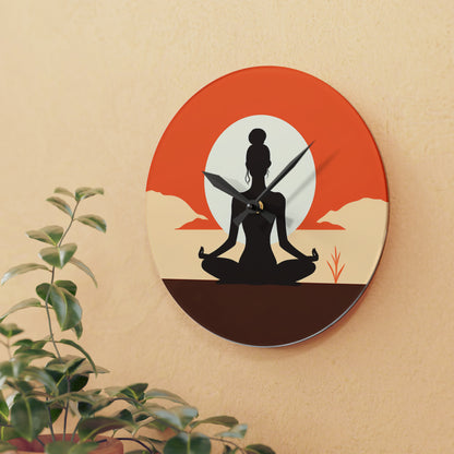 Reloj de pared acrílico con postura de yoga al amanecer 