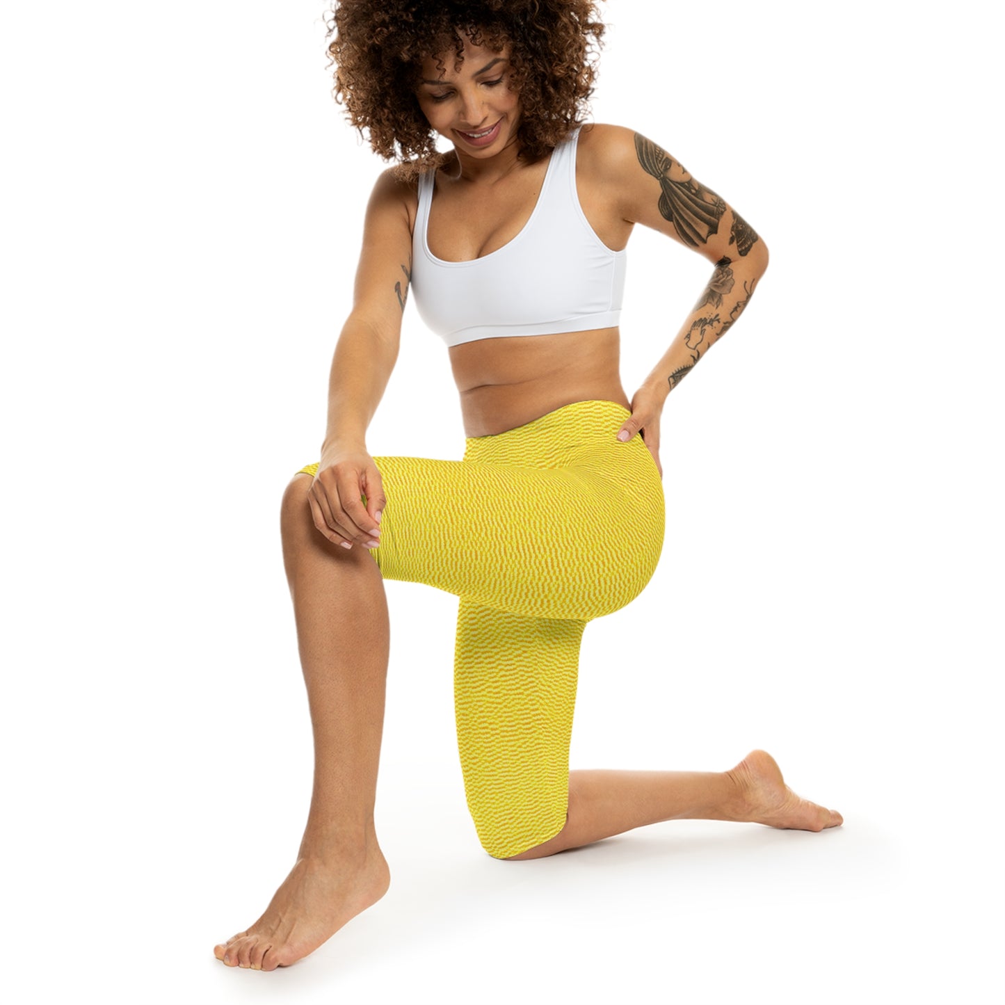 Sunshine Yellow Lemon: Denim-Inspired, Cheerful Fabric - Women’s Capri Leggings (AOP)