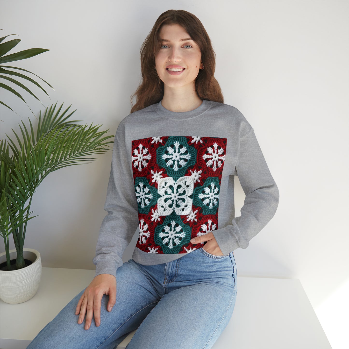 Christmas Snowflake Crochet, Festive Yuletide, Winter Wonderland Craft, Ice Crystal, Holiday Decor, Seasonal Adornments - Unisex Heavy Blend™ Crewneck Sweatshirt