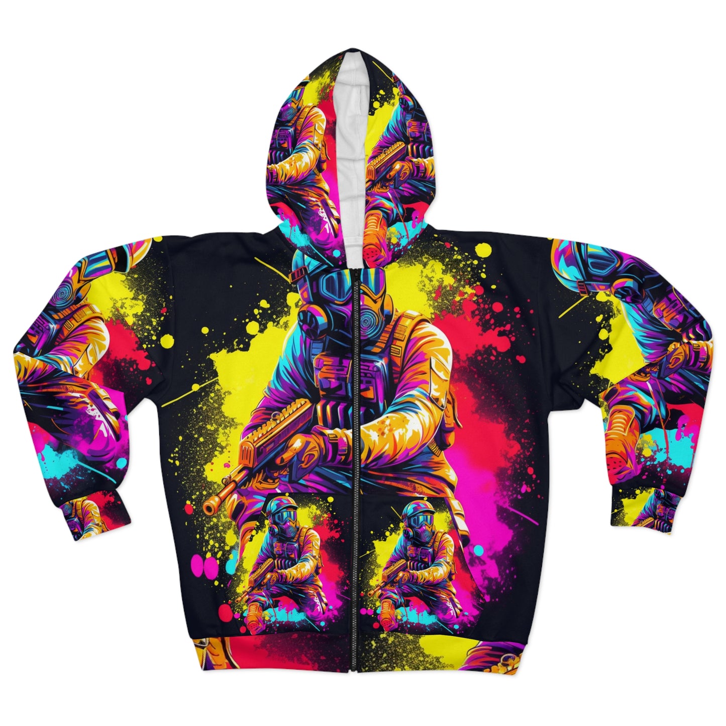 Deporte de acción de paintball: jugador en batalla, salpicaduras de pintura - Sudadera con capucha unisex con cremallera (AOP) 