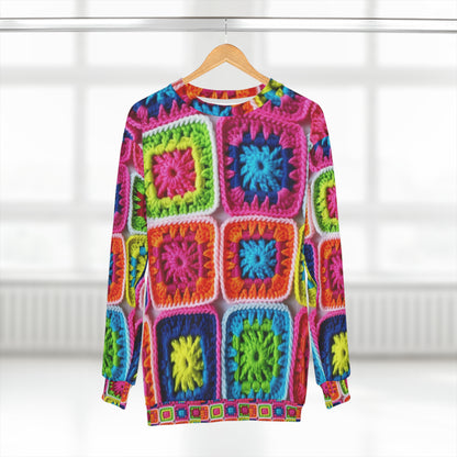 Crochet Granny Square, Summer Cotton, Patchwork, Retro Floral Design, Crochet Cotton - Unisex Sweatshirt (AOP)