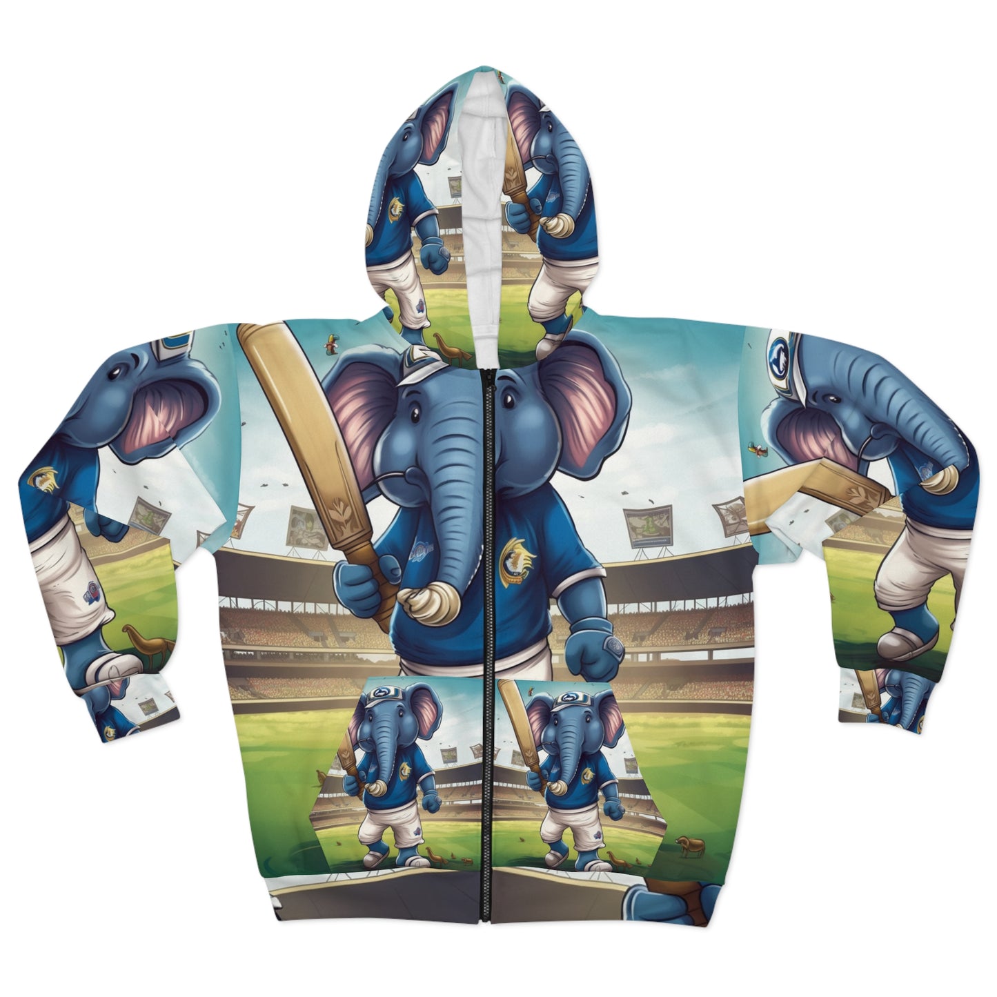 India Elephant Cricket Sport Star: Pitch, Run, Stump Game - Animated Charm - Unisex Zip Hoodie (AOP)