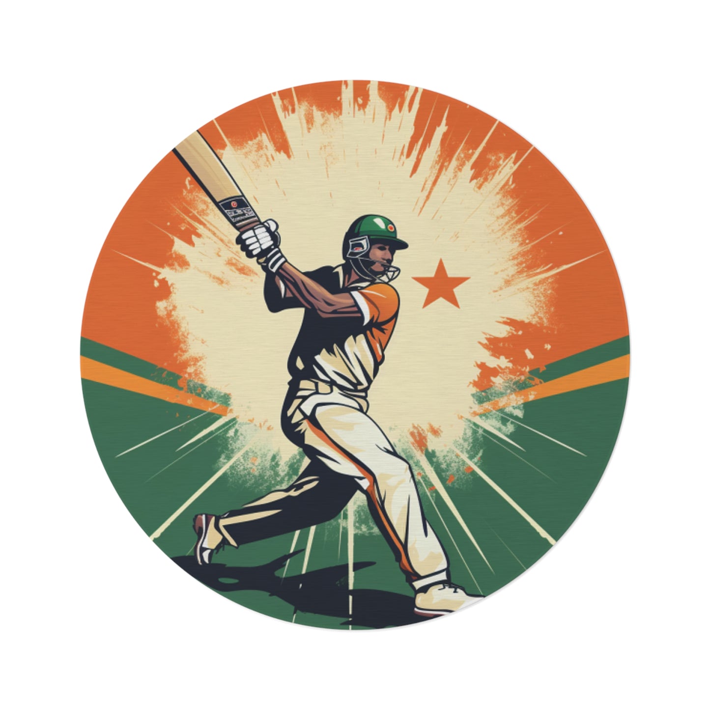 India Cricket Star: Batsman With Willow Bat, National Flag Style - Sport Game - Round Rug