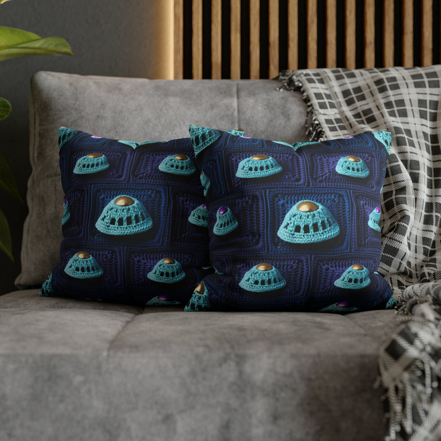 Spaceship UFO Crochet - Galactic Travel Ship - Alien Craft - Flying Saucer - Spun Polyester Square Pillow Case