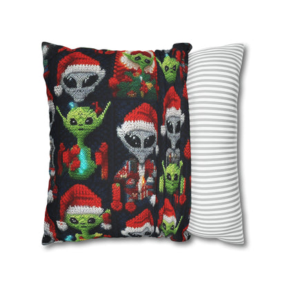 Festive Alien Invasion: Intergalactic Christmas Holiday Cheer with Santa Hats and Seasonal Gifts Crochet Pattern - Spun Polyester Square Pillow Case