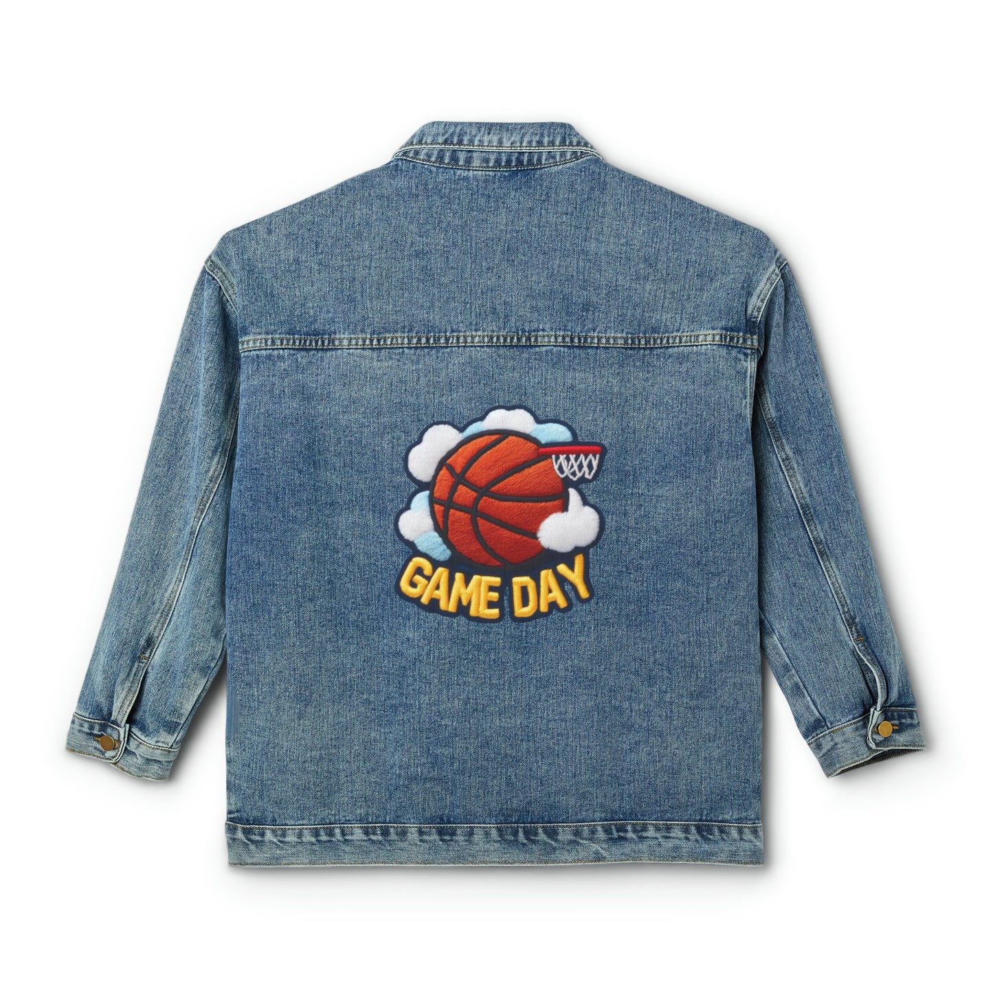 Basketball Game Day, Chenille Patch Graphic, Women's Denim Jacket