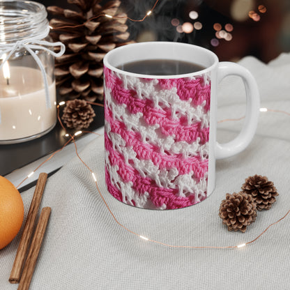 Hot Pink & White Knit, Vibrant Yarn Blend, Modern Chic Texture - Ceramic Mug 11oz