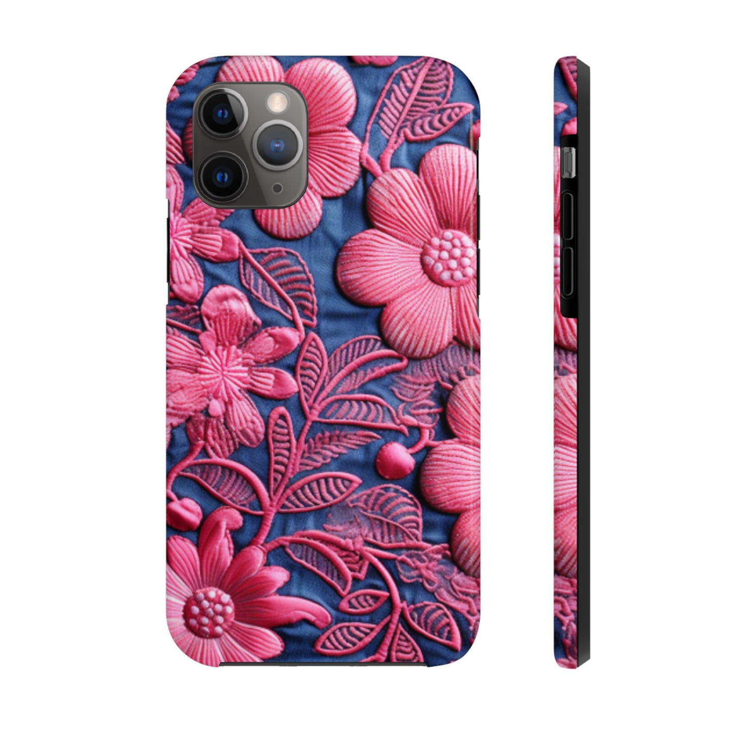 Denim Blue Doll Pink Floral Embroidery Style Fabric Flowers - Tough Phone Cases