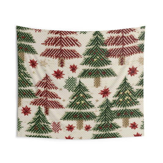 Embroidered Christmas Winter, Festive Holiday Stitching, Classic Seasonal Design - Indoor Wall Tapestries